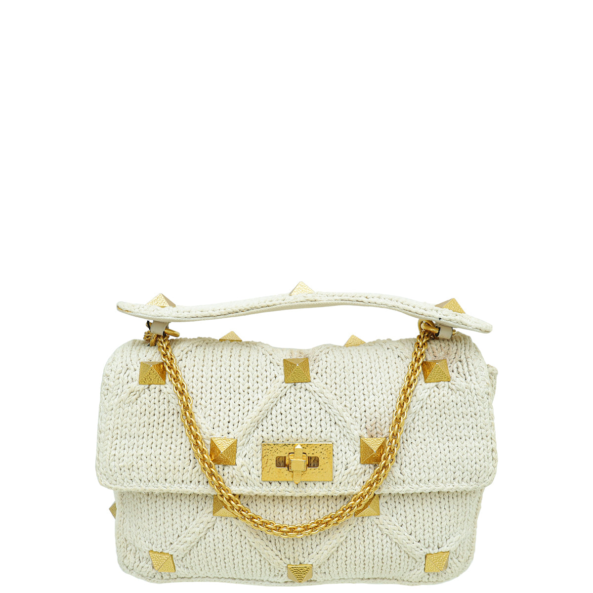 Valentino Ecru Roman Stud Knitted Shoulder Bag Large-Valentino-THE CLOSET