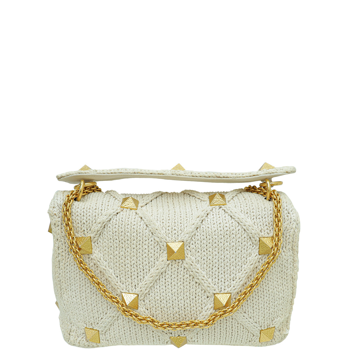 Valentino Ecru Roman Stud Knitted Shoulder Bag Large-Valentino-THE CLOSET