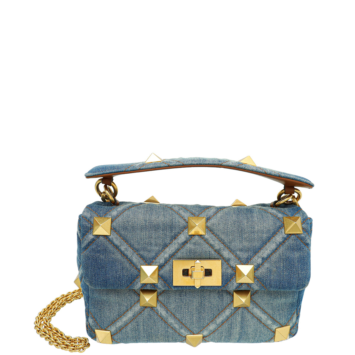 Valentino Bicolor Denim Roman Stud Top Handle Flap Bag-Valentino-THE CLOSET
