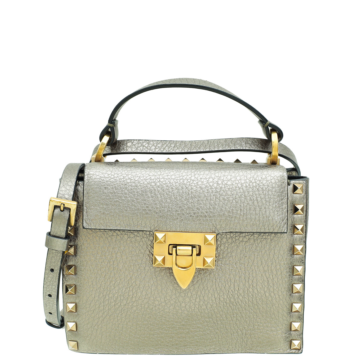 Valentino Metallic Greyish Olive Rockstud Top Handle Convertible Flap Bag