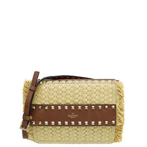 Valentino Bicolor Raffia & Calf Rockstud Crossbody Bag
