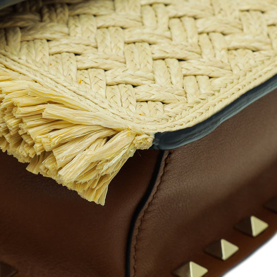 Valentino Rockstud Small Raffia & Leather Shoulder Bag