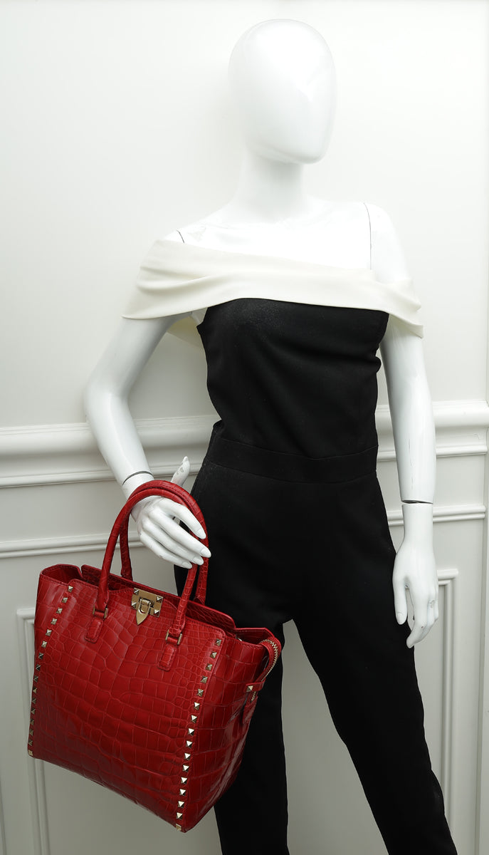 Valentino Red Shiny Crocodile Rockstud Double Handle Tote Bag – The Closet