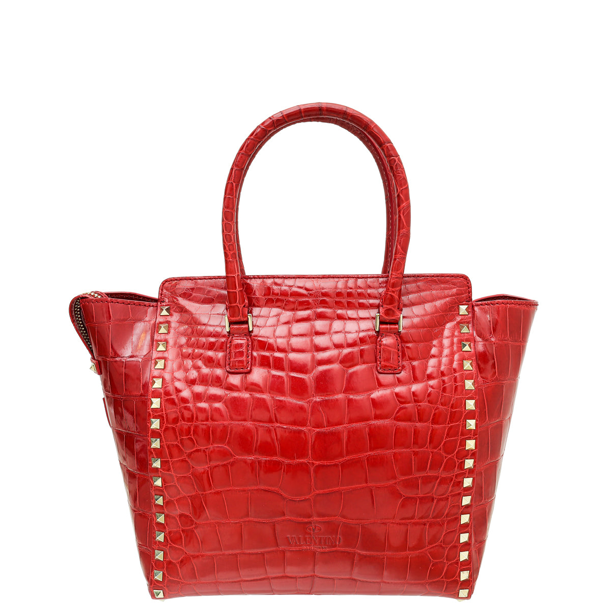 Valentino Red Shiny Crocodile Rockstud Double Handle Tote Bag-Valentino-THE CLOSET