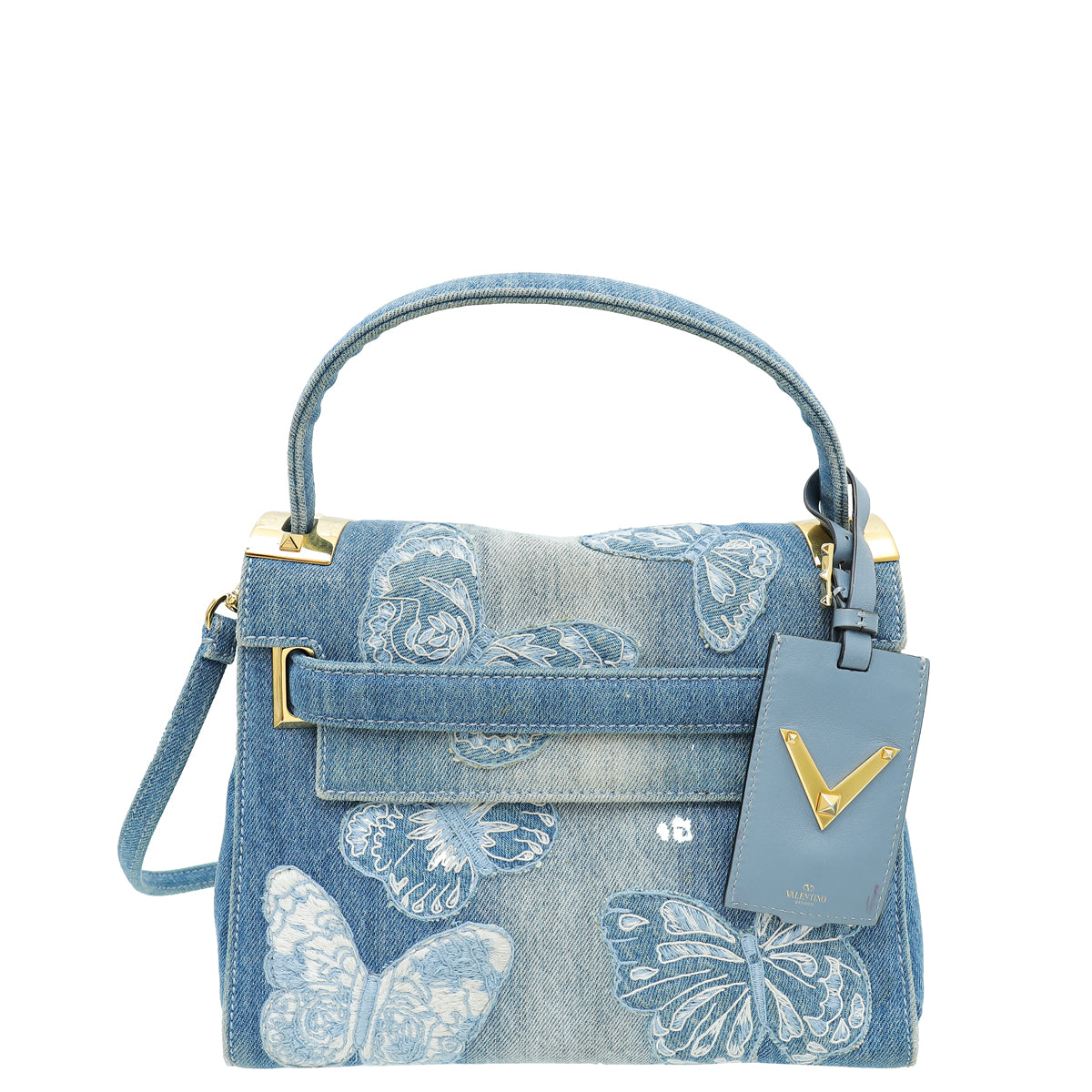Valentino Blue Denim Butterfly Embroidered My Rockstud Frame Small Bag-Valentino-THE CLOSET