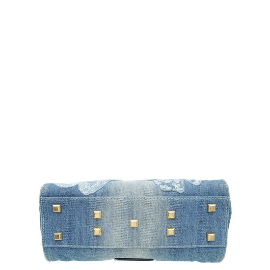 Valentino Blue Denim Butterfly Embroidered My Rockstud Frame Small Bag