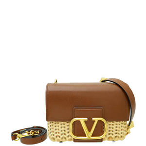 Valentino Bicolor Vlogo Embellished Trimmed Raffia Bag