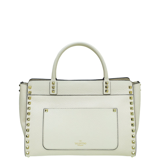 Valentino Cream Rockstud Flip-Lock Top Handle Medium Satchel Bag