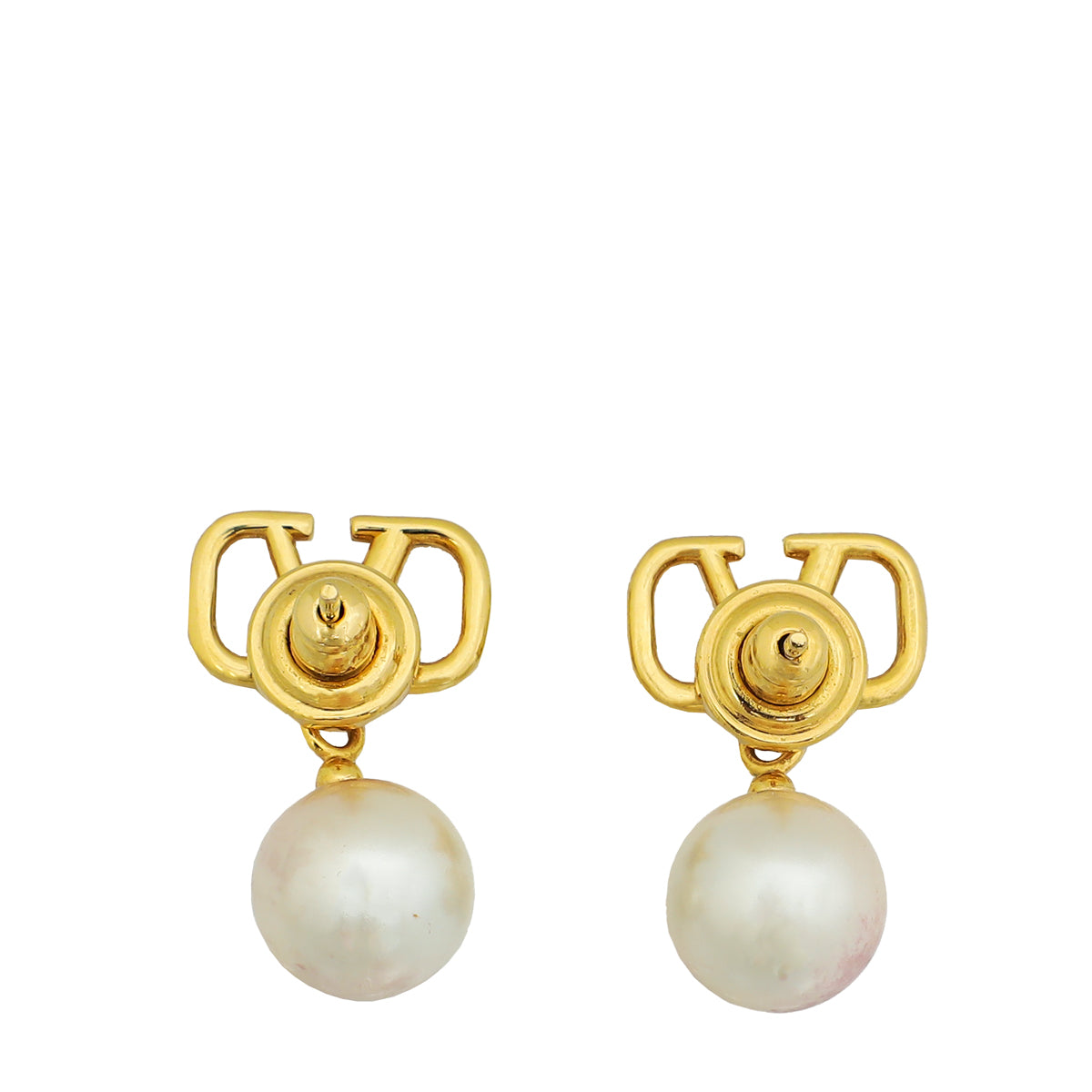 Valentino Gold Tone VLogo Signature Earrings W/ Swarovski Pearl-Valentino-THE CLOSET