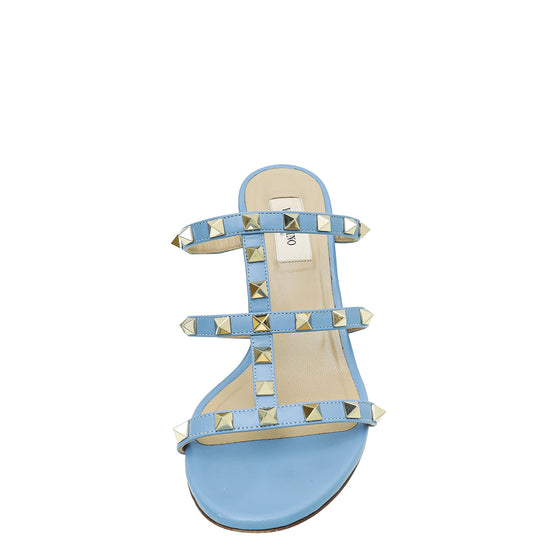 Valentino Blue Rockstud Block Heeled Slide Sandals 38