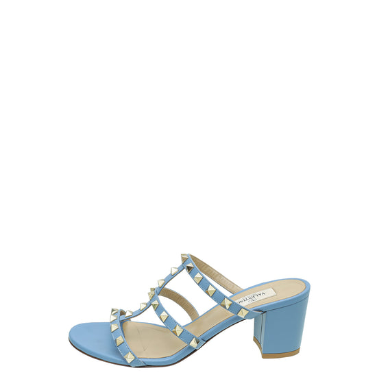 Valentino Blue Rockstud Block Heeled Slide Sandals 38