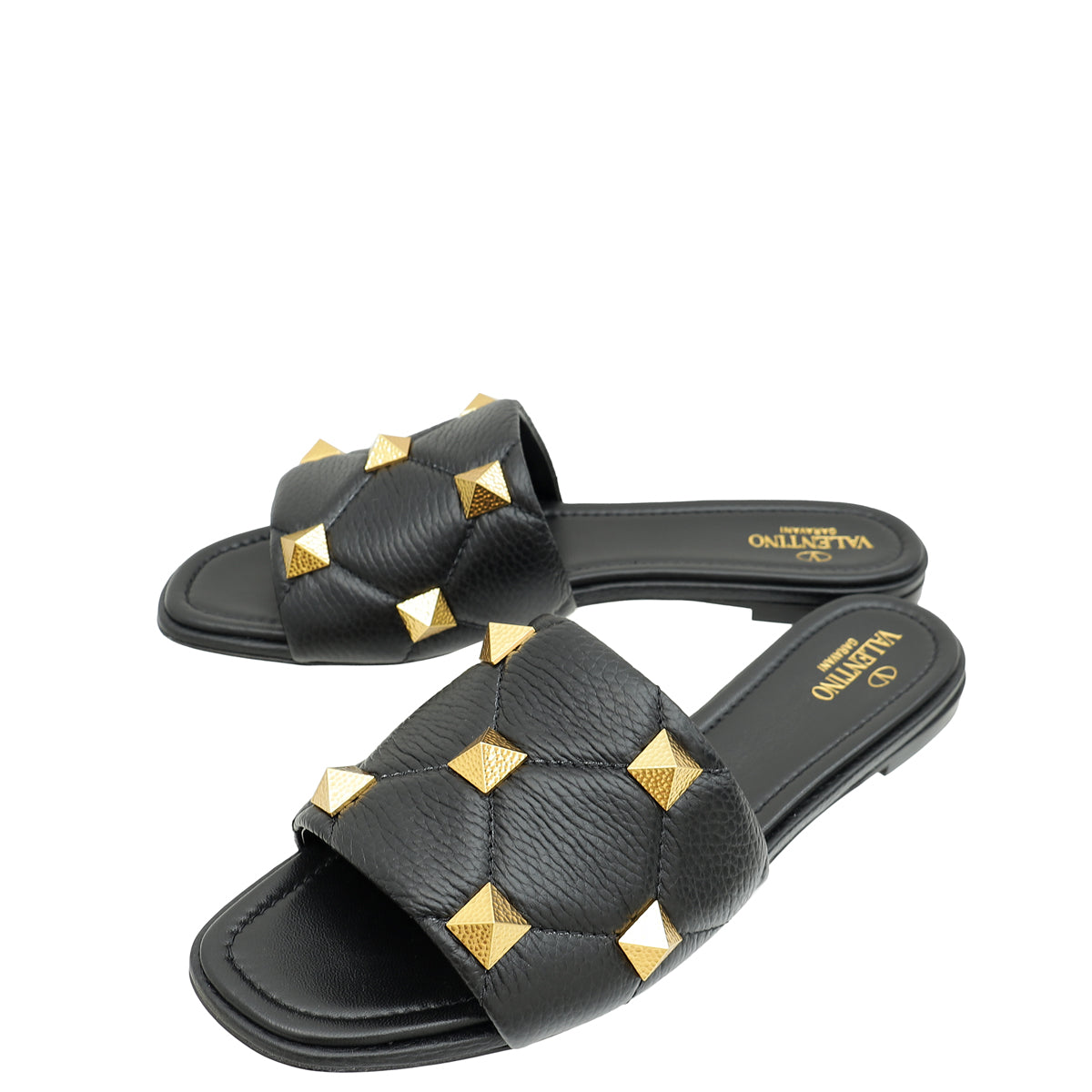 Valentino Black Roman Stud Flat Slide Sandals 41-Valentino-THE CLOSET