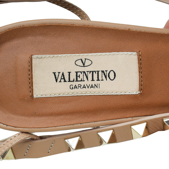 Valentino Light Brown Rockstud Zip Ankle Lace Up Sandals 37.5