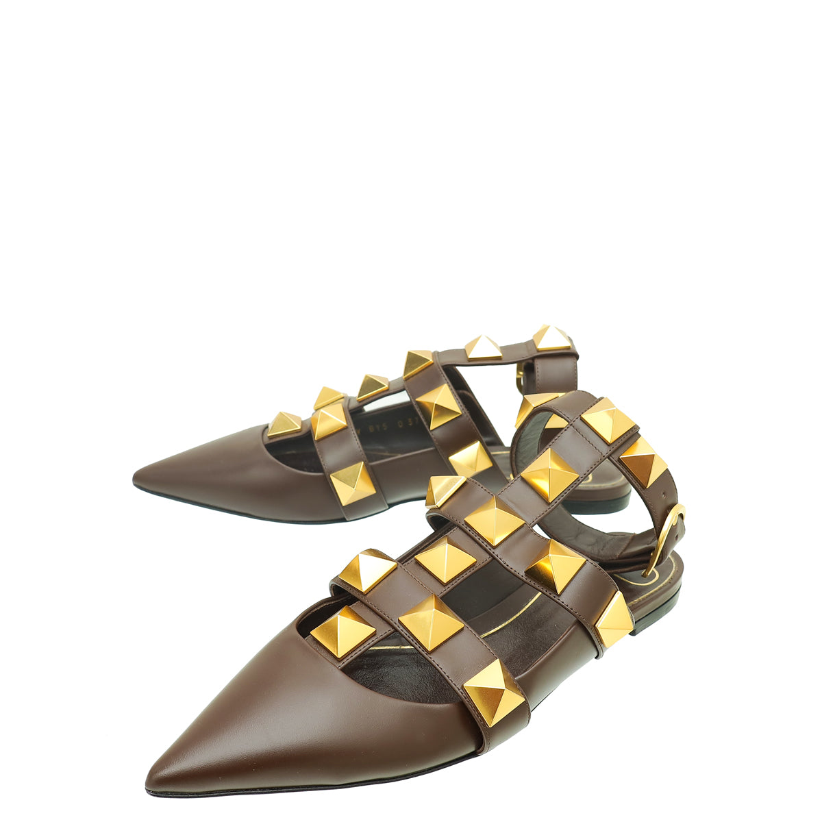 Valentino Chocolate Brown Roman Studs Ankle Strap Flat Sandals 37.5