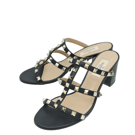 Valentino Black Rockstud Block Heeled Slide Sandals 37