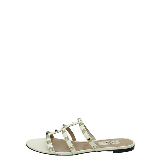 Valentino White Rockstud Flat Slides 38