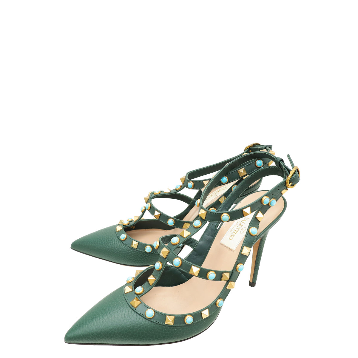 Valentino Green Rolling Rockstud Caged Ankle Strap Heels 38