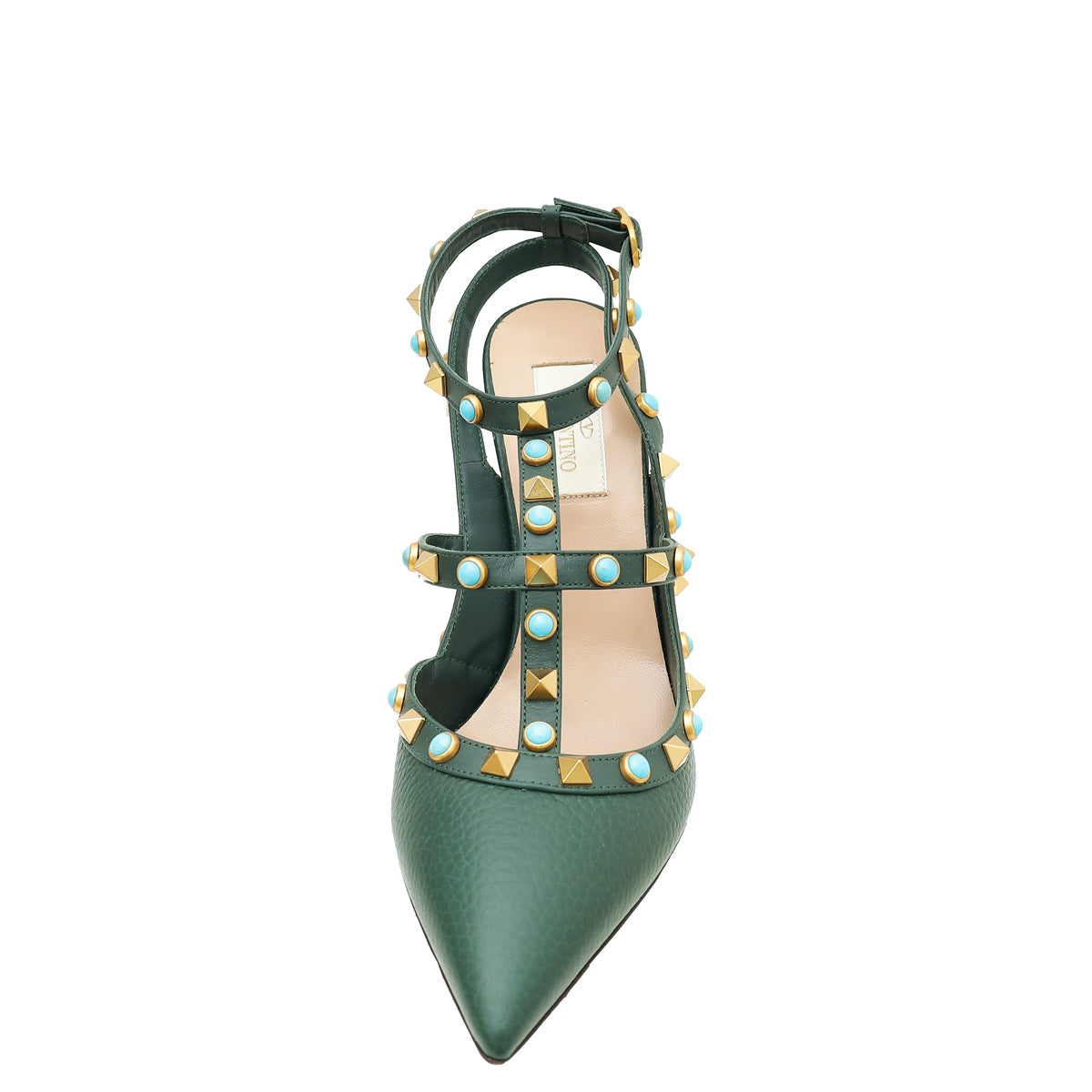 Valentino Green Rolling Rockstud Caged Ankle Strap Heels 38