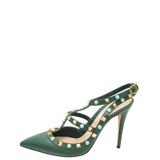 Valentino Green Rolling Rockstud Caged Ankle Strap Heels 38