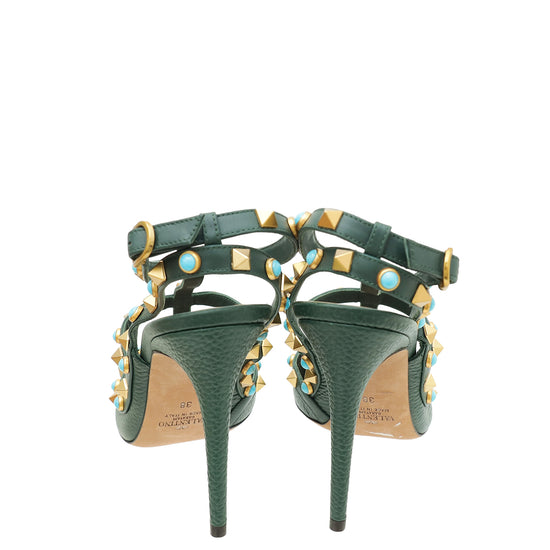 Valentino Green Rolling Rockstud Caged Ankle Strap Heels 38