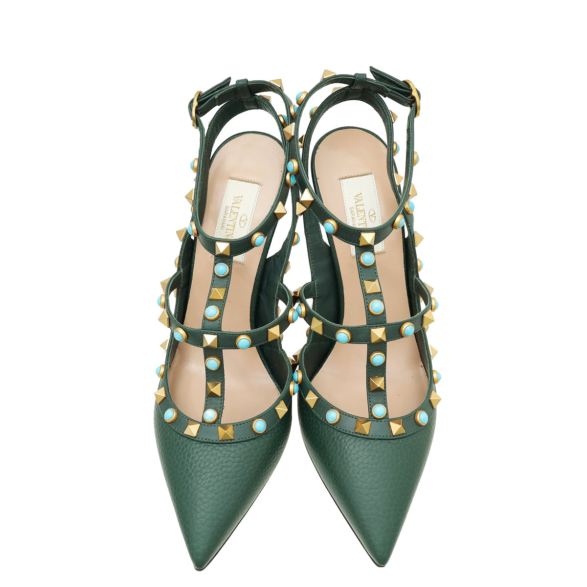 Valentino Green Rolling Rockstud Caged Ankle Strap Heels 38