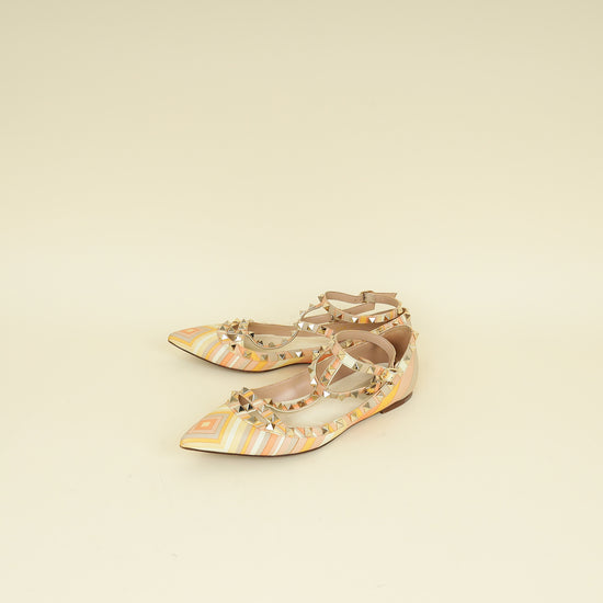 Valentino Multicolor Rockstud Caged Ankle Strap Flat Ballerina 38