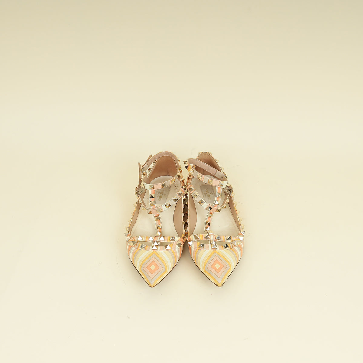 Valentino Multicolor Rockstud Caged Ankle Strap Flat Ballerina 38