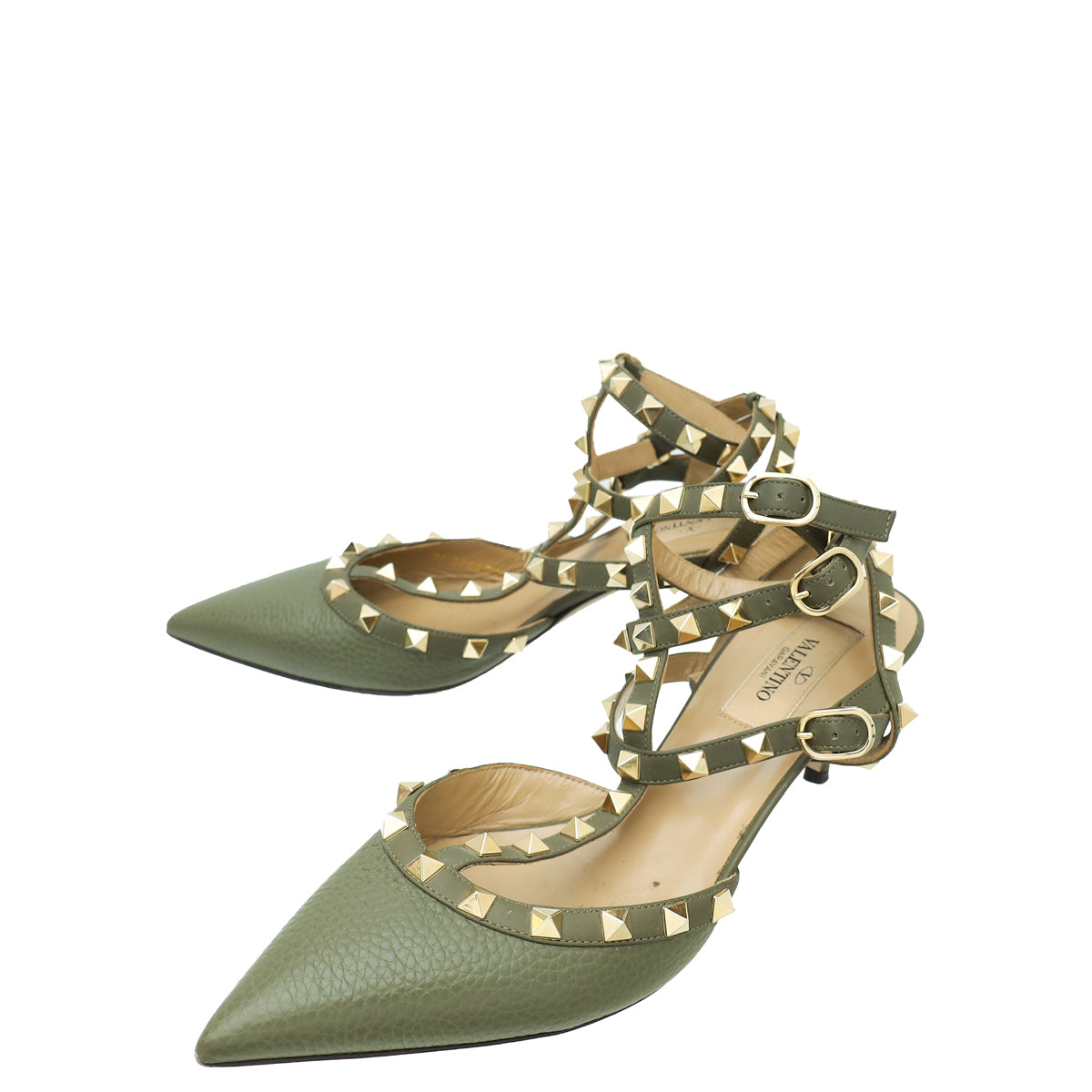 Valentino Olive Green Rockstud Caged Ankle Strap Pump 38-Valentino-THE CLOSET