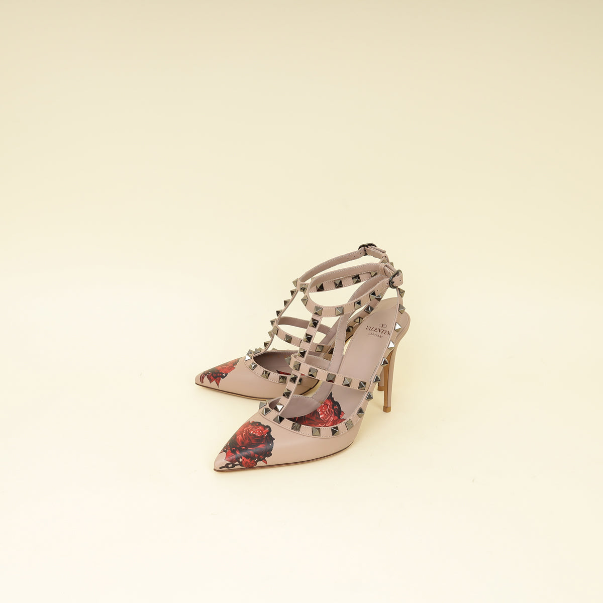 Valentino Rose Printed Rockstud Caged Pumps 38-Valentino-THE CLOSET