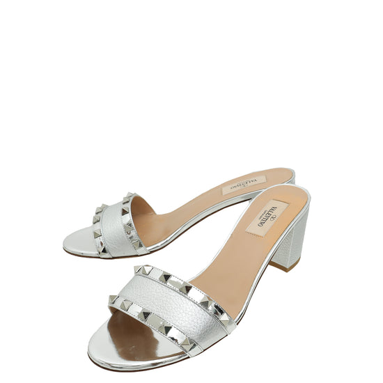 Valentino Metallic Silver Rockstud Block Heeled Mules 39.5