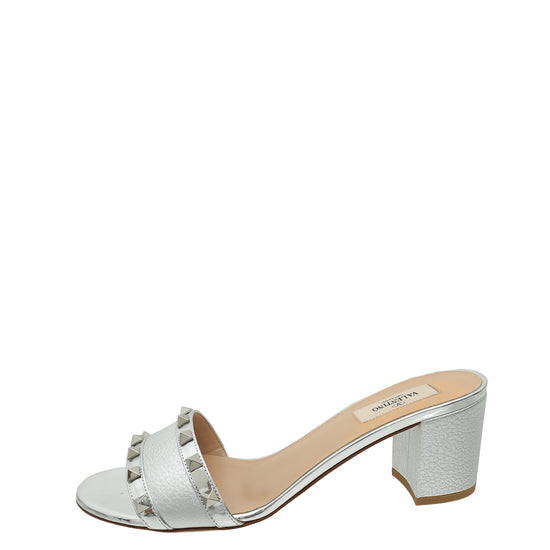 Valentino Metallic Silver Rockstud Block Heeled Mules 39.5