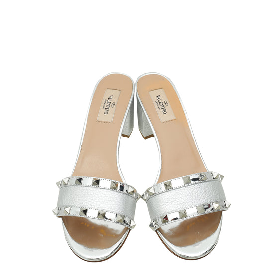 Valentino Metallic Silver Rockstud Block Heeled Mules 39.5