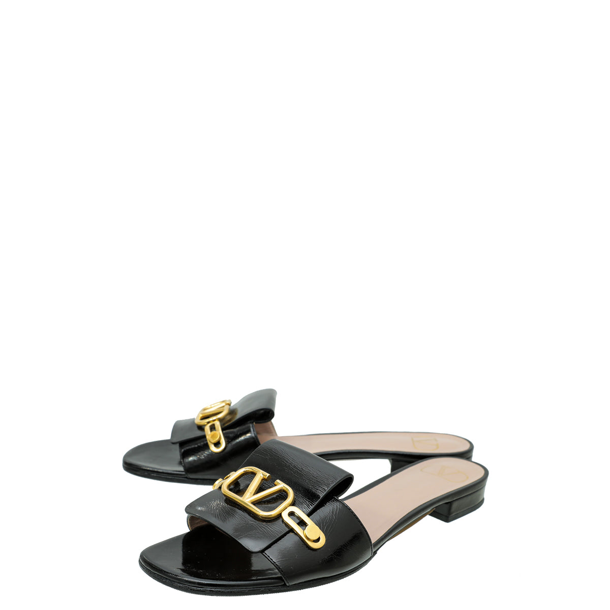 Valentino Black Shiny VLogo Flat Slide Sandal 39.5-Valentino-THE CLOSET