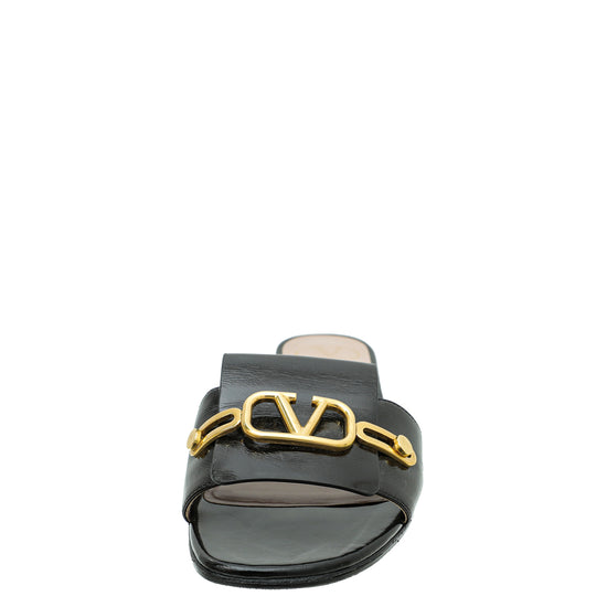 Valentino Black Shiny VLogo Flat Slide Sandal 39.5