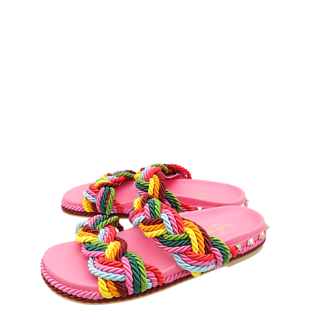 Valentino Pink Multicolor Rockstud Rope Flat Sandal 39
