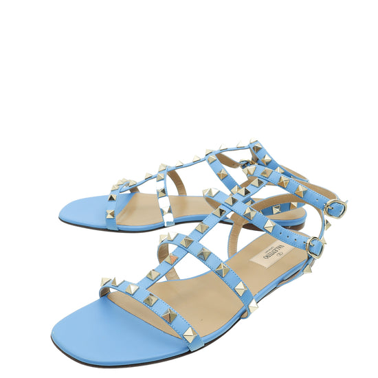 Valentino Light Blue Rockstud Caged Slingback Ankle Strap Flats 39