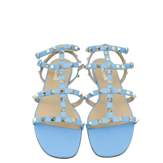 Load image into Gallery viewer, Valentino Light Blue Rockstud Caged Slingback Ankle Strap Flats 39
