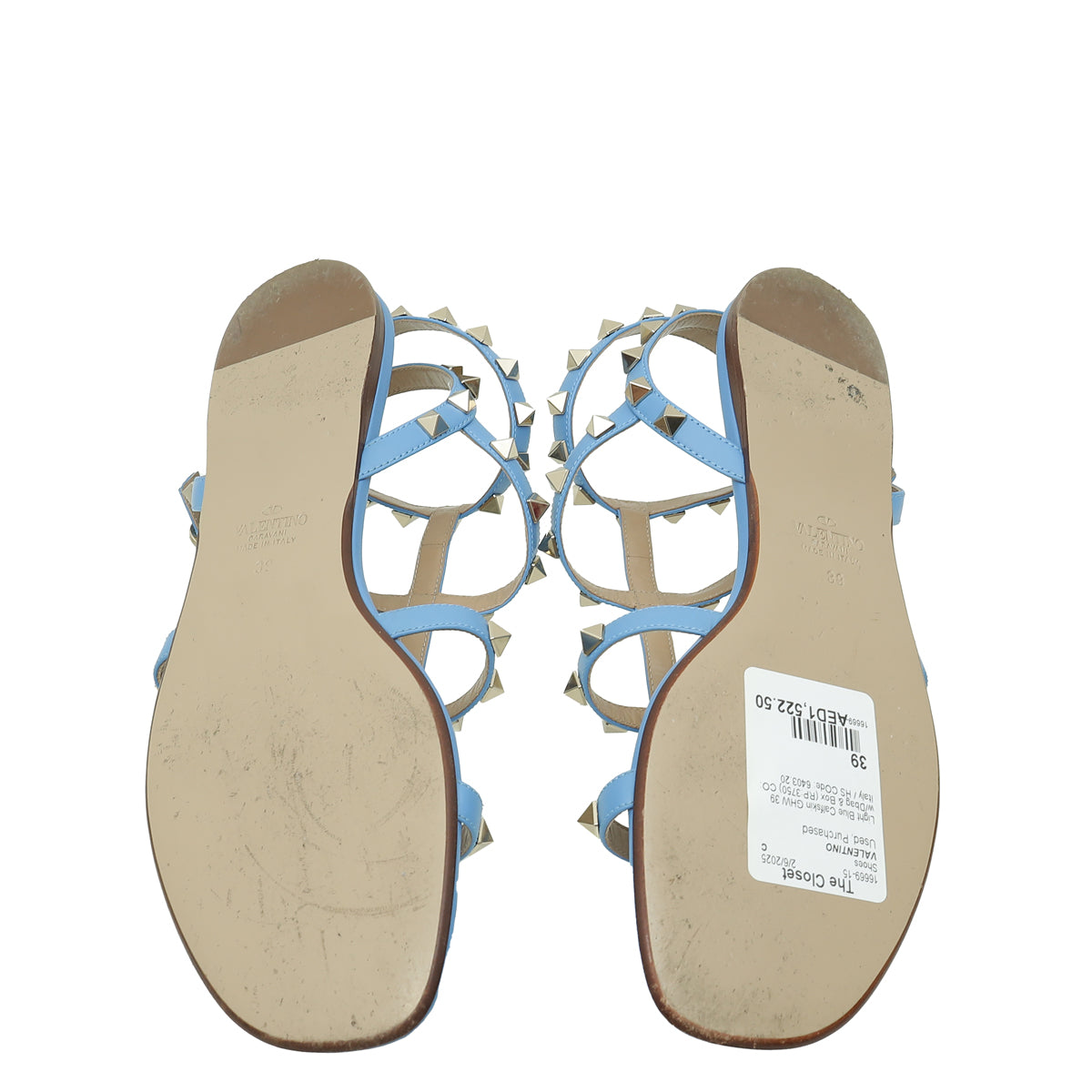 Valentino Light Blue Rockstud Caged Slingback Ankle Strap Flats 39