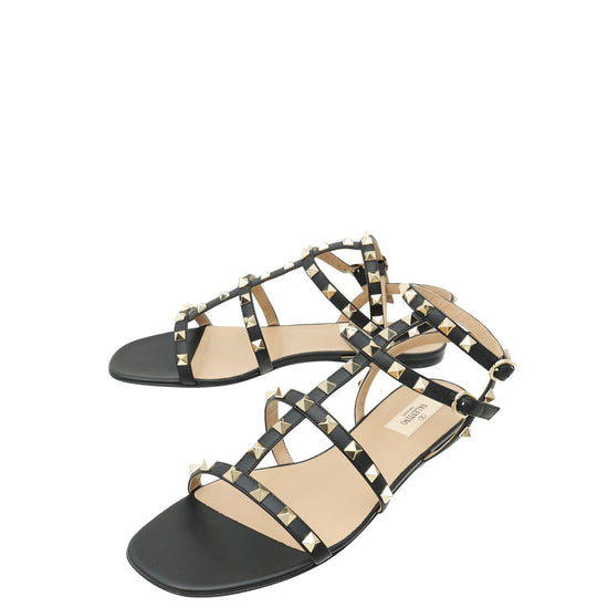 Valentino Black Rockstud Caged Flat Sandal 40