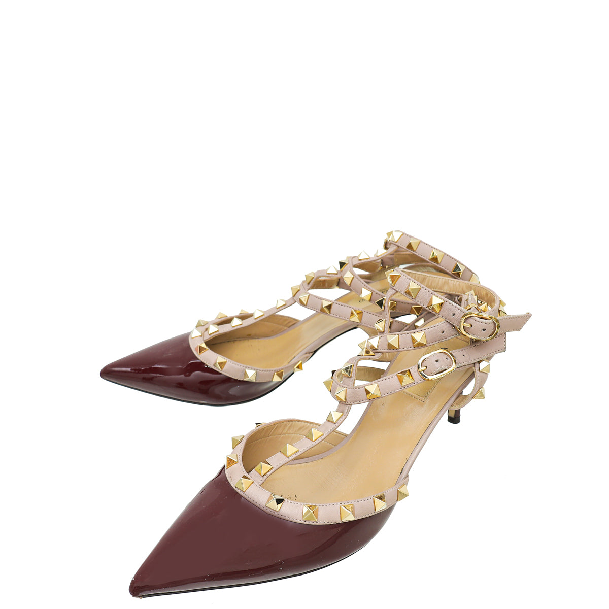 Valentino Burgundy Rockstud Caged Ankle Strap Pump 40-Valentino-THE CLOSET