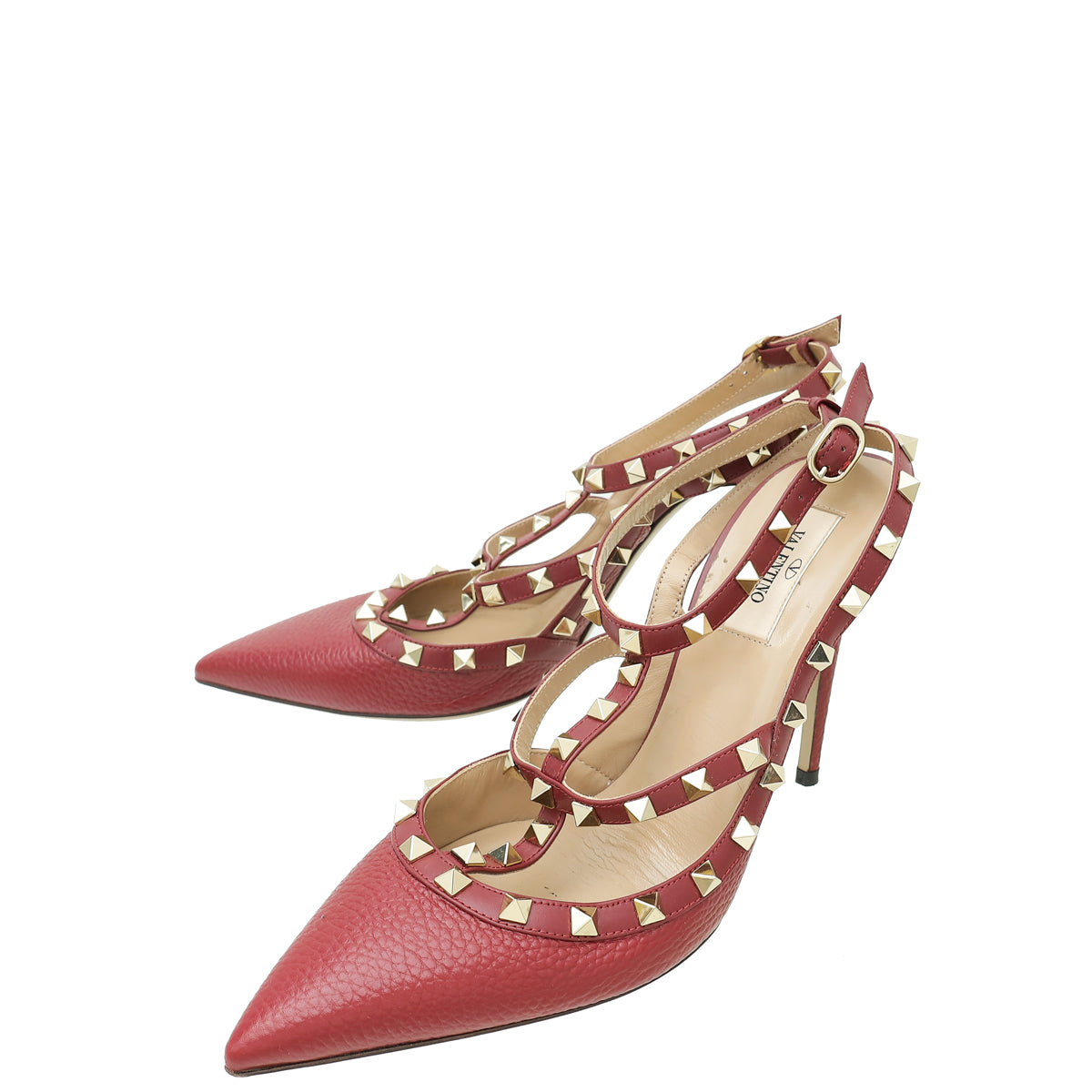 Valentino Burgundy Rockstud Caged Ankle Strap Pump 41-Valentino-THE CLOSET