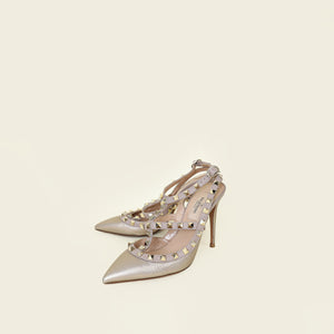 Valentino Metallic Champaigne Rockstud Caged Ankle Strap Pumps 35