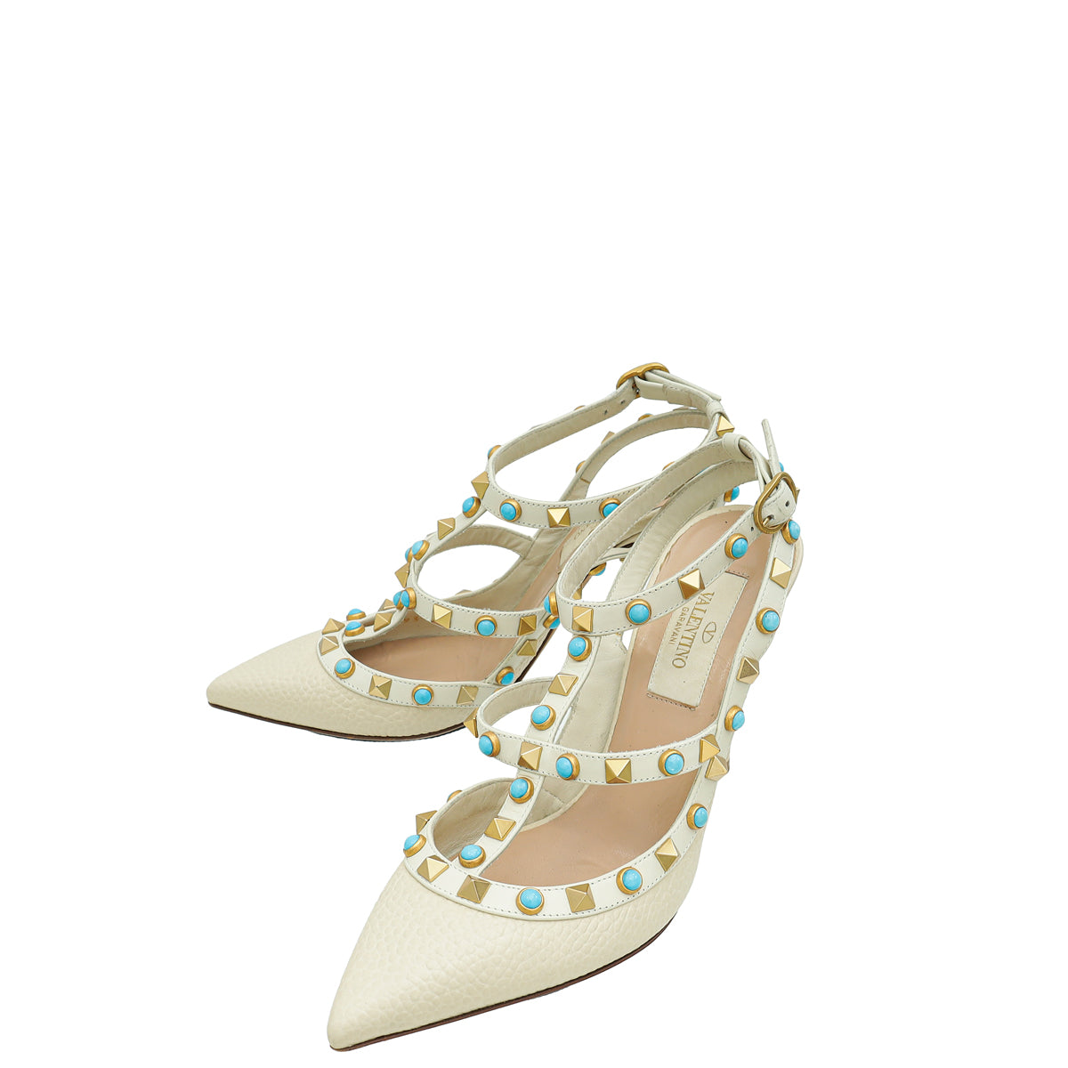 Valentino Ivory Rolling Rockstud Ankle Strap Pump 35-Valentino-THE CLOSET