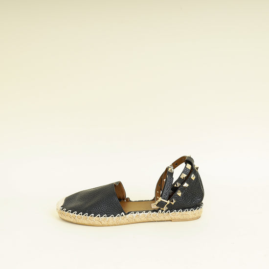 Valentino Black Rockstud Ankle Strap Flat Espadrille 35