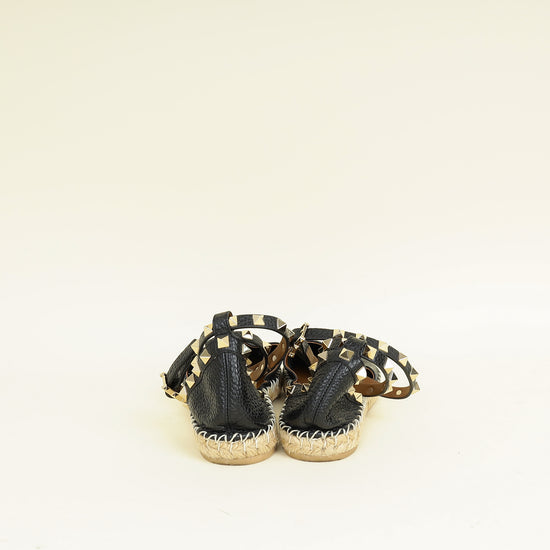 Valentino Black Rockstud Ankle Strap Flat Espadrille 35