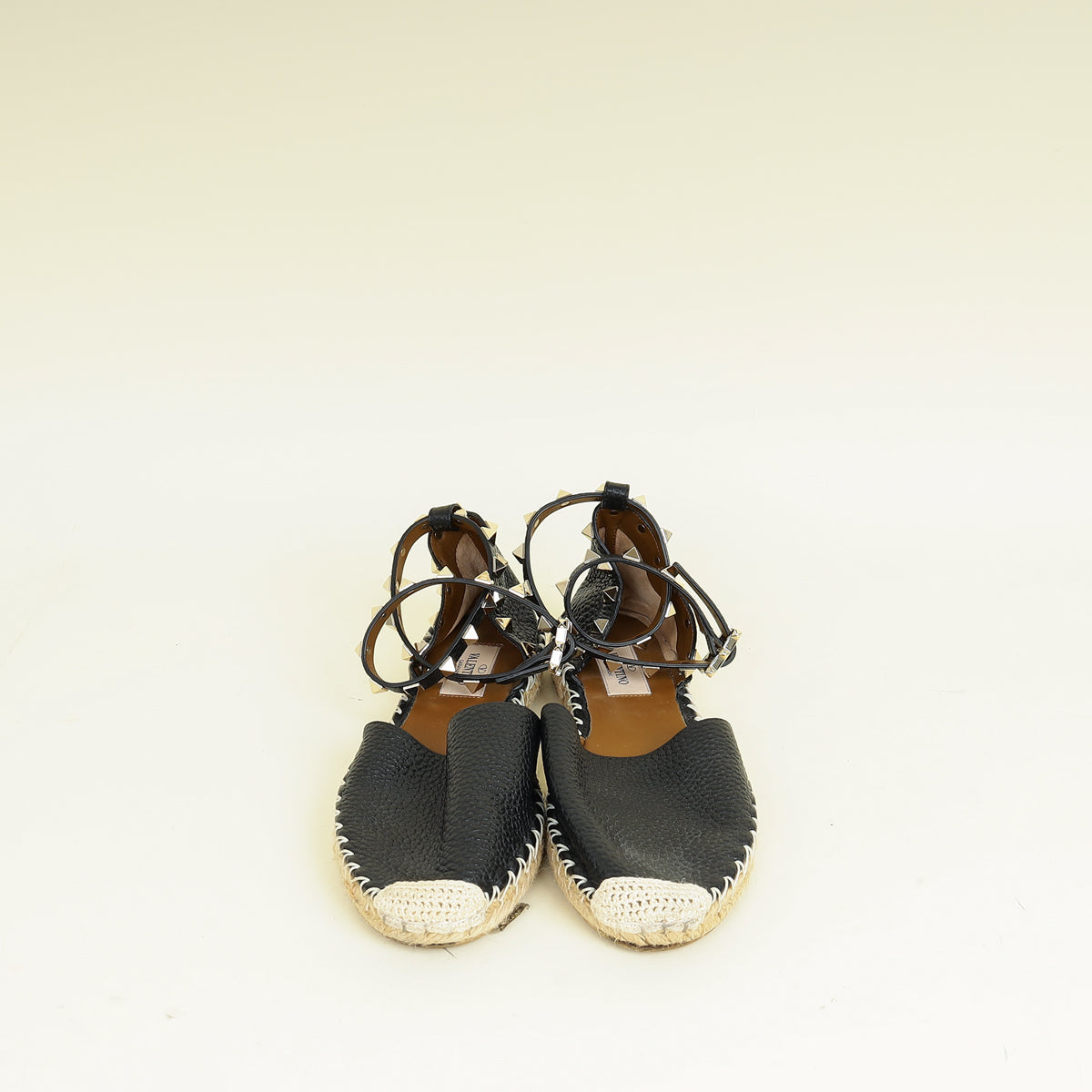 Valentino Black Rockstud Ankle Strap Flat Espadrille 35