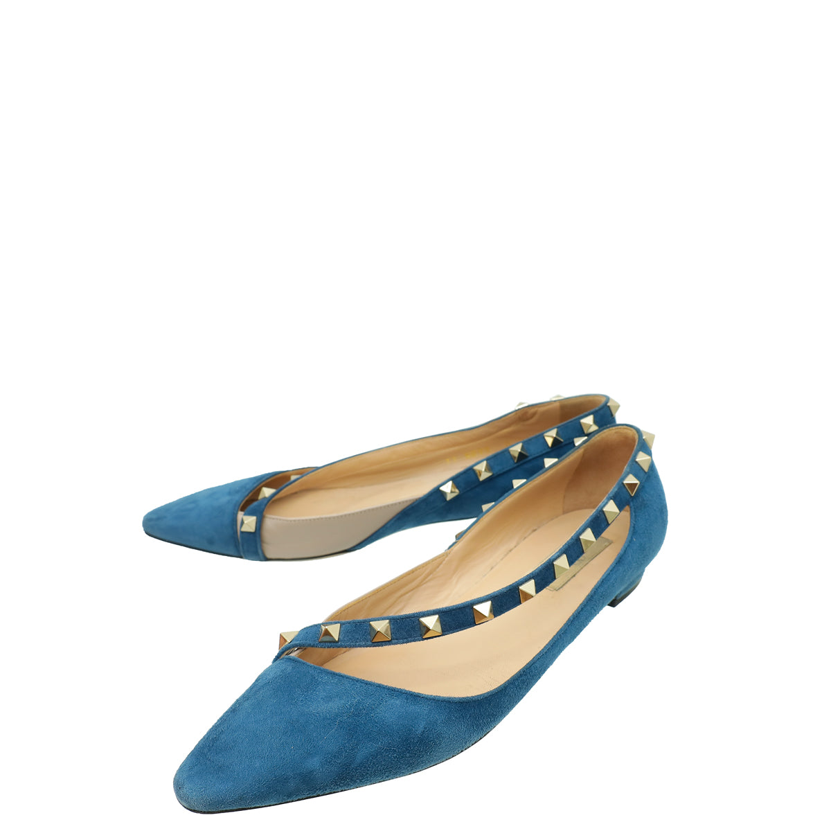 Valentino Blue Suede Rockstud Flat Ballerina 36-Valentino-THE CLOSET