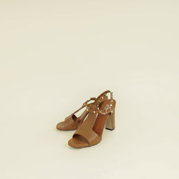 Valentino Brown T Strap Rockstud Block Sandals 37.5