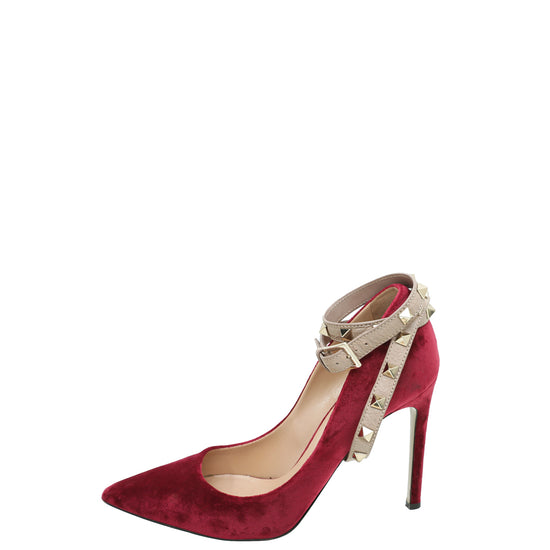 Valentino Red Velvet Rockstud Cross Ankle Strap Pumps 37