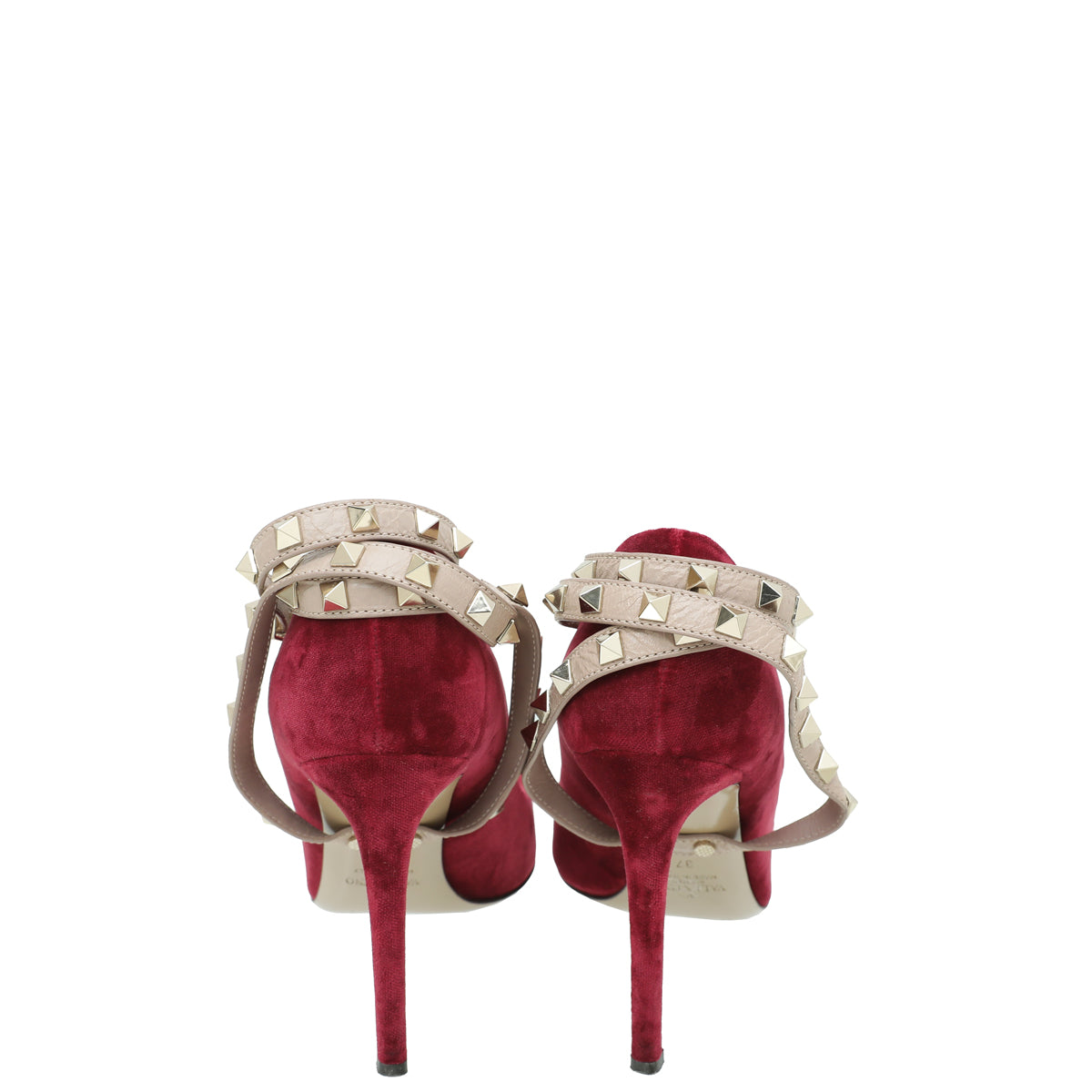 Valentino Red Velvet Rockstud Cross Ankle Strap Pumps 37